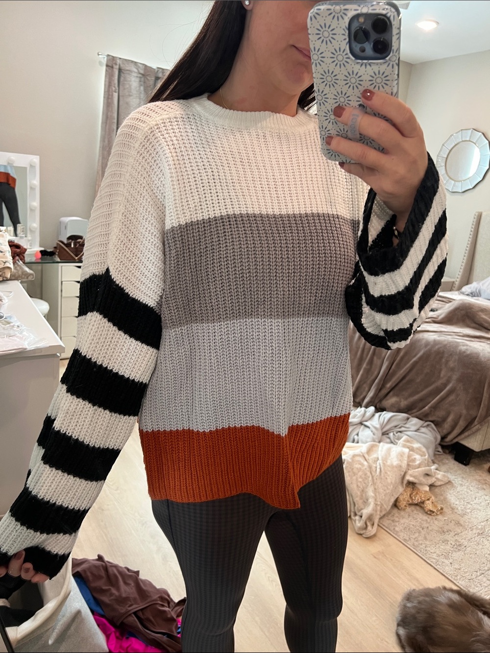 Amazon Colorblock Crewneck Sweater in White, Gray, Black & Orange